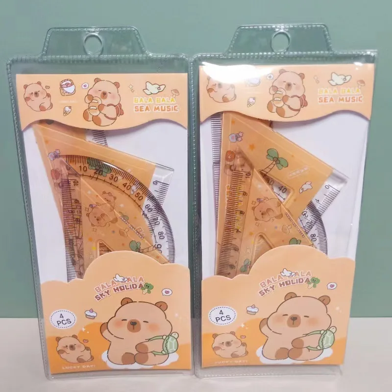 New 4 in 1 Cute Capybara Cartoon Ruler Stationery Set Multifunctional Combination Ruler Ruler Triangle Protractor Drawing gift