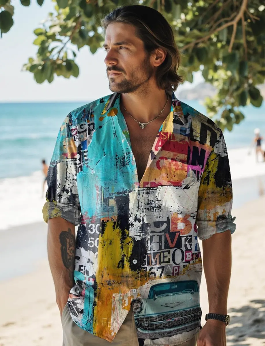 

2025 Spring/Summer New Men's Linen 3D Printed Long Sleeve Shirt Button Design, Diverse Styles, Fashionable and Versatile, Loose
