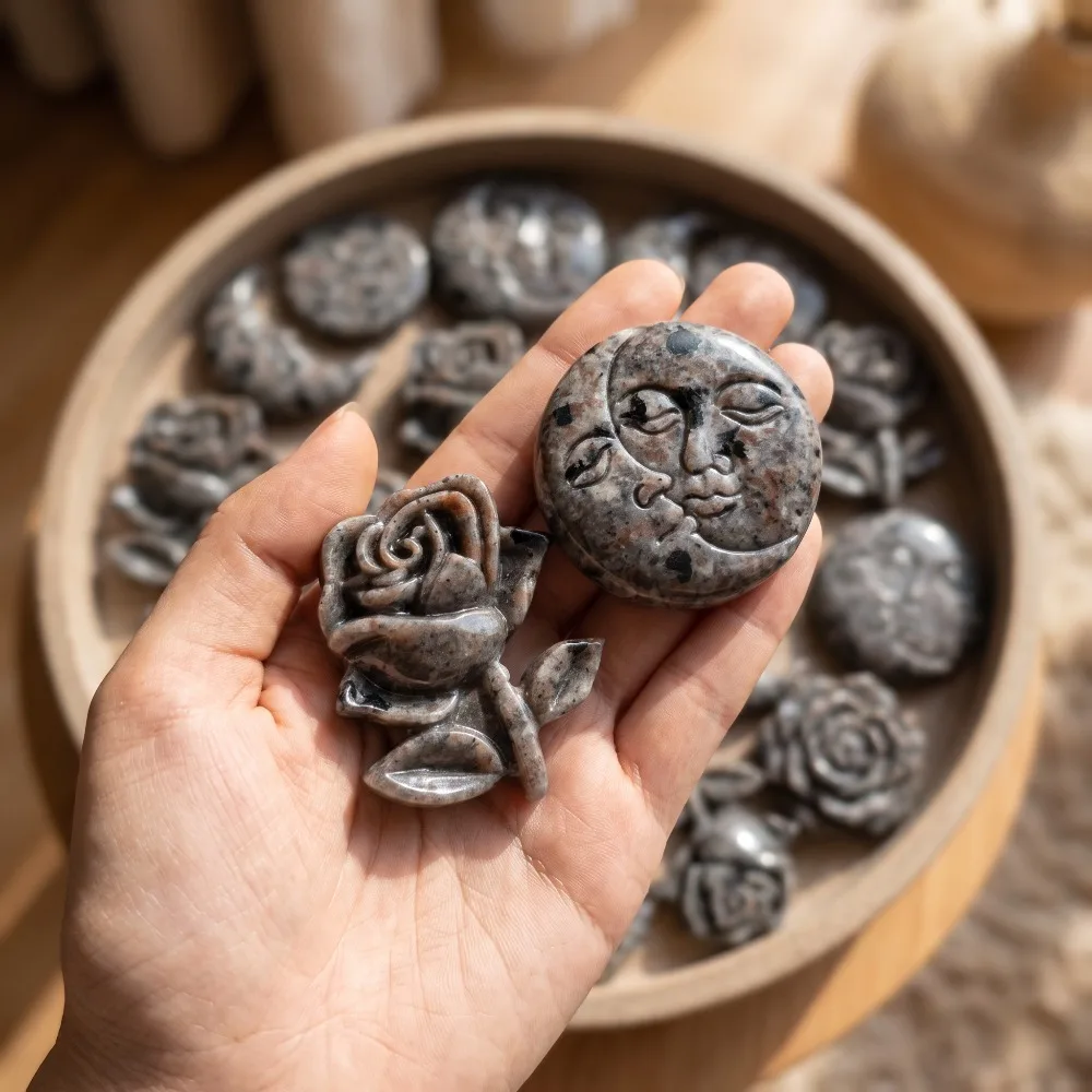 Natural Yooperlite Moon Face & Rose Flower Crystal Carving UV Reactive Figurine Home Desktop Decor Crystal Collectible Gift