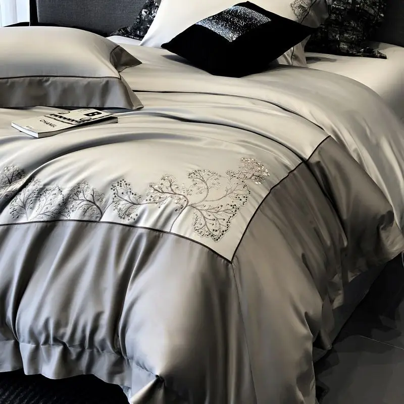 Light luxury embroidery simple LF milk silk four piece set simple Tencel two-color craft spring and summer cool bedding MLC