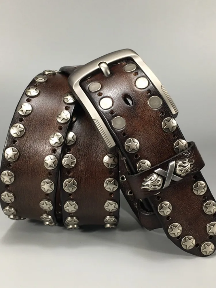 Handmade Punk Style Rivets Genuine Leather Belt Cowhide Strap For Pants Moto Biker Studded Belts Pin Buckle Waistband