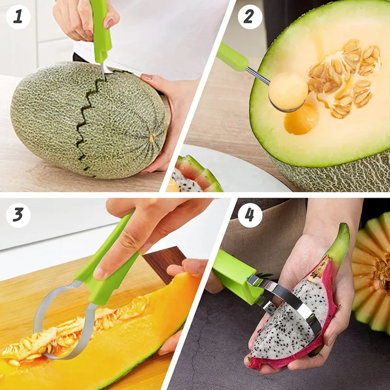 Small Melon Baller Scoop Set 4 In 1 Stainless Steel Fruit Scooper Baller Seed Remover Melon Baller Fruit Carving Knife Cutter