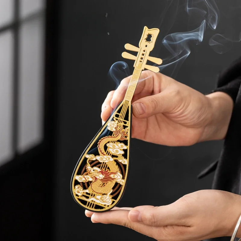 Creative Pipa Incense Burner Small Auspicious Cloud Incense Box Painted Auspicious Dragon Crane Censer Home Office Decoration