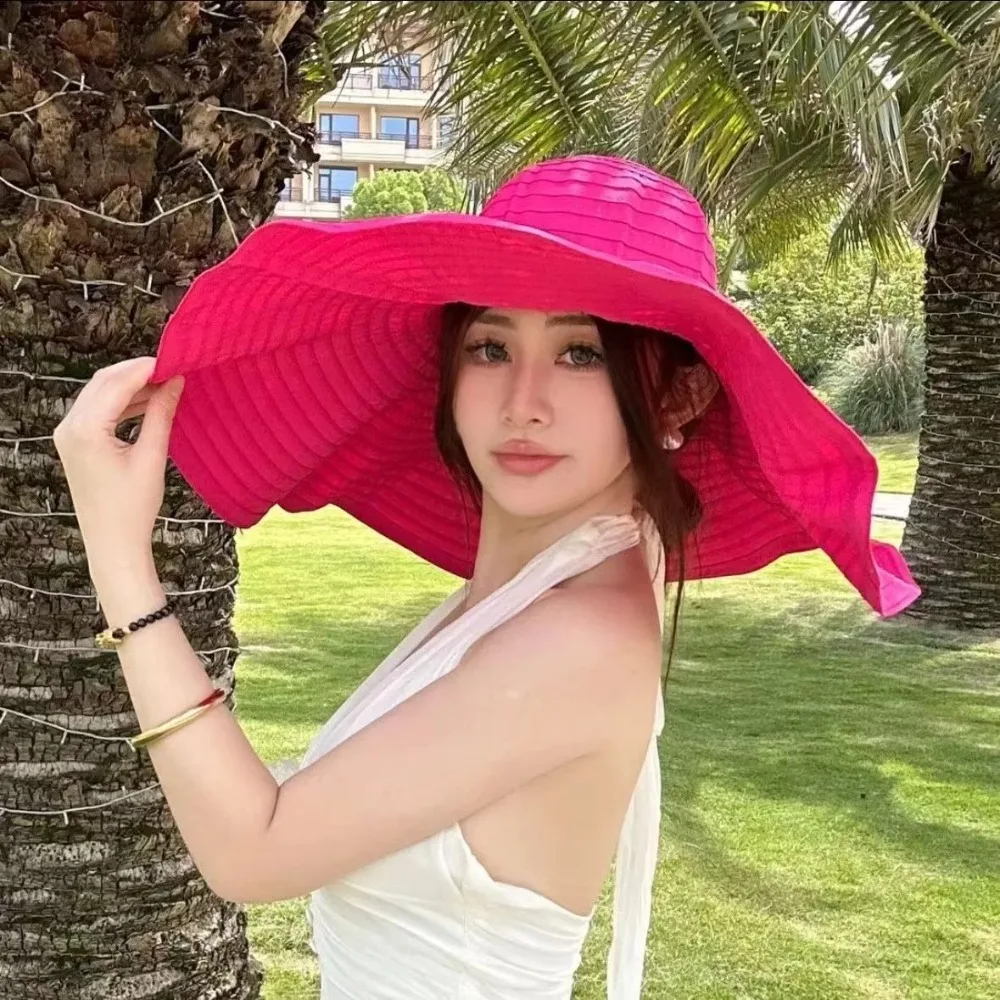 

Portable Solid Color Sun Hat Oversized Brim Anti-UV Travel Sunscreen Hat Foldable Breathable Bow Beach Hat