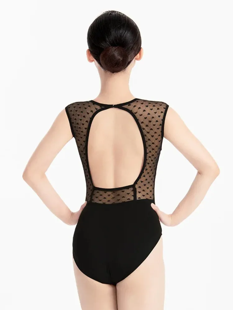 성인 민소매 메쉬 패치워크 발레 롬퍼 – 무대 공연 및 훈련 바디수트를 위한 등이 없는 슬림핏 댄스 의상