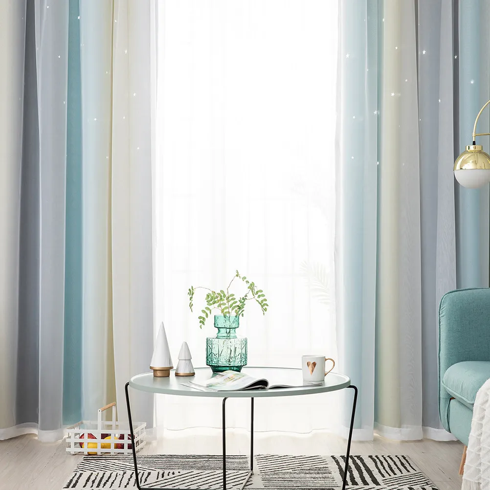 Double Layer Dacron Mesh Curtain with Shining Star Pattern Beige One-Sided Design for Bedroom Living Room Shading Heat view 4