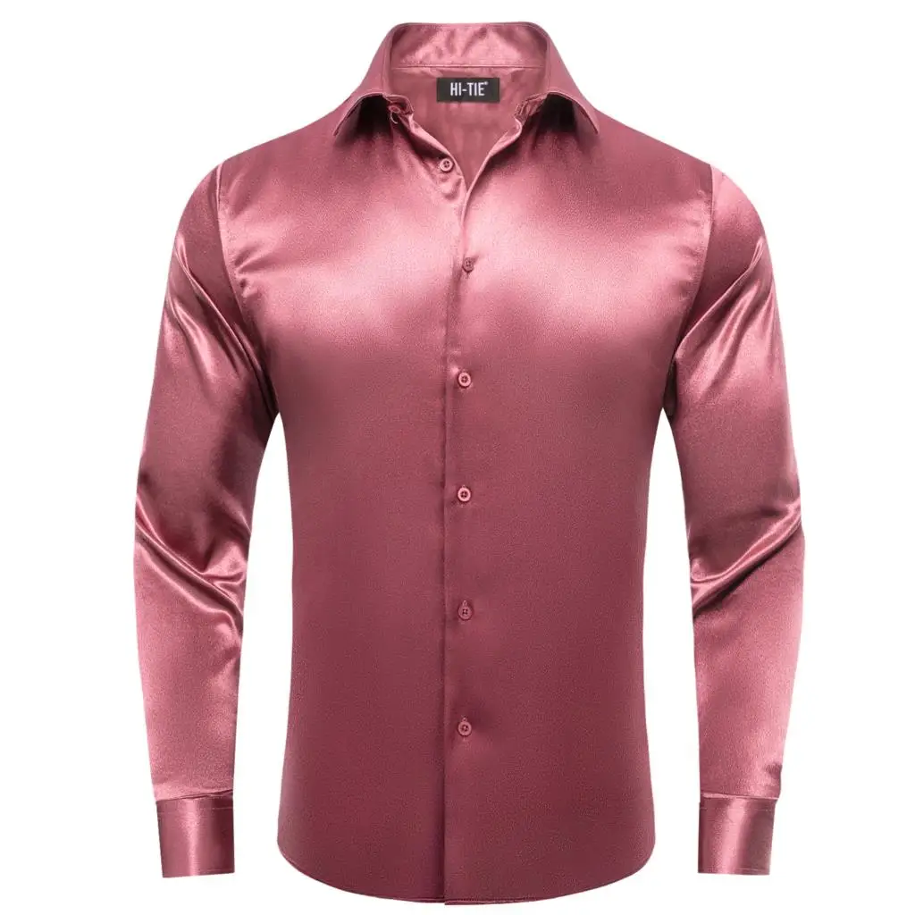 

Hi-Tie Red Jacquard Satin Solid Silk Mens Shirts Long Sleeve Suit Blouse for Male Outerwear Wedding Business Events Oversized