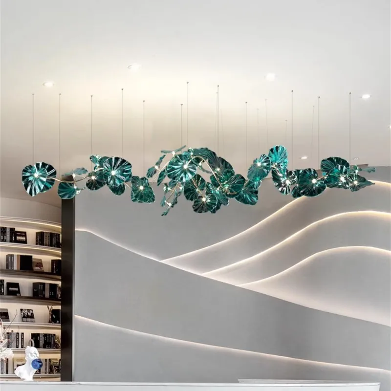 

Green Glass Leaf Crystal Hanging Chandelier For Hotel Lobby Loft Living Dining Room Kitchen Island Nordic Lotus Leaf Chandeliers