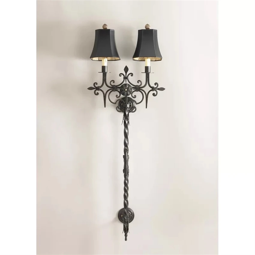 Custom black vintage double head wall lamps antique iron old living room light villa lamps bedroom bedside lamps fixtures