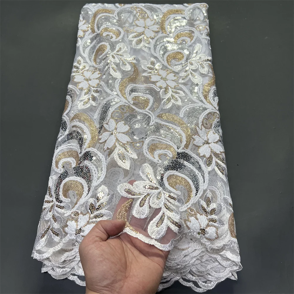 

2025 африканский нигерийский тюль, кружевная ткань для шитья платья, высокое качество, дамасский хлопок, чистая вышивка, свадебная вечеринка, 5 ярдов, ZJ074