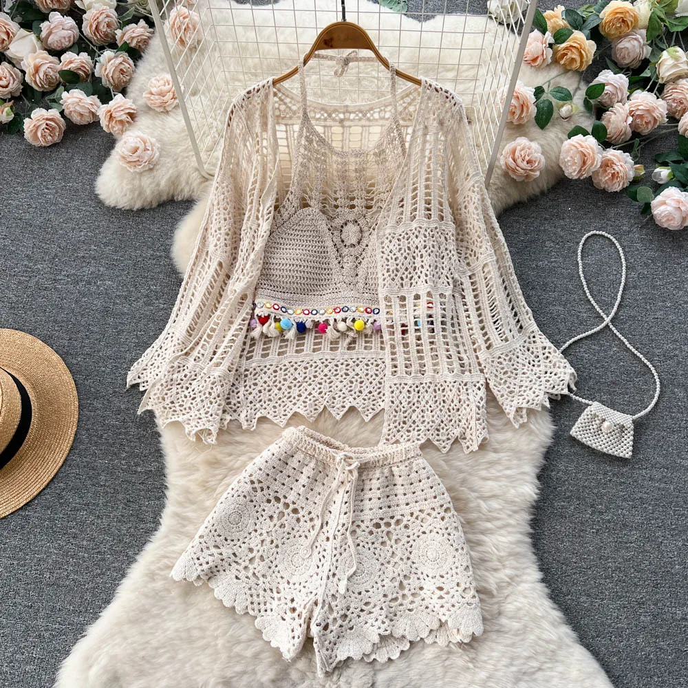 Three Piece Sets Pajamas for Women Hollow Out Cardigan Halter Camisole Wide Leg Shorts Vacation Knitted Home Suits Beach Style