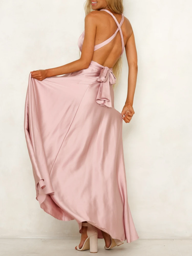 Summer New Women\'s Long Dress Fashion Temperament Solid Color Bandage V-neck Sexy Women\'s Backless High-waisted Swing Dress