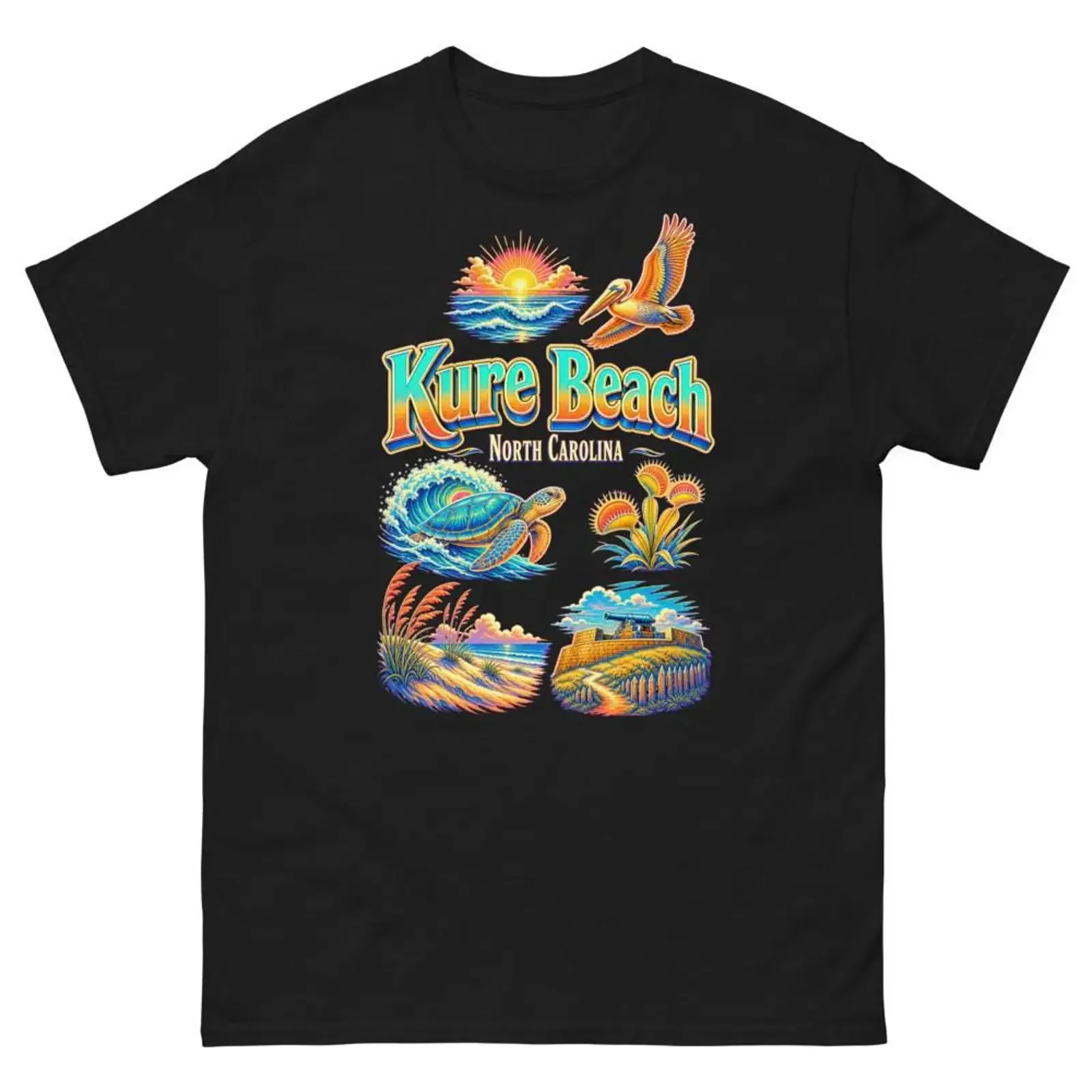 Kure Beach North Carolina T Shirt Sea Turtle Pelican Lighthouse Souvenir vintage Washed homme Versatile graphic