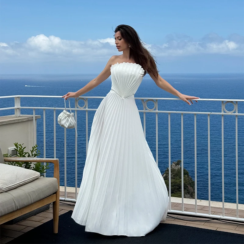 

Elegant Solid Pleated Off Shoulder Long Dresses for Women Chic Sleeveless Backless Female Maxi Dress Summer New Beach Party Robe