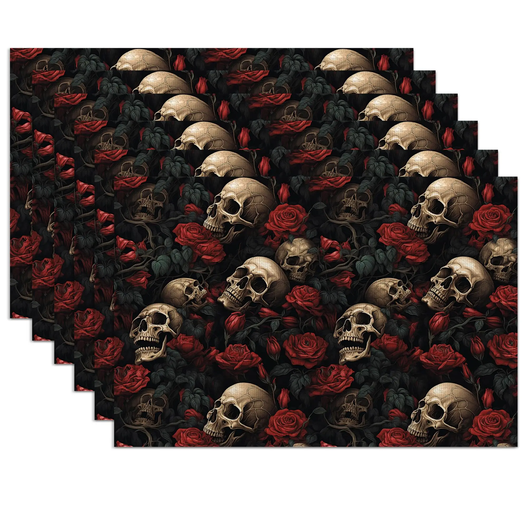 

Skull Rose Placemats,Washable Heat Resistant 12×18 Inch Linen Table Mats Floral Place Mats for Party Outdoor Dining Décor