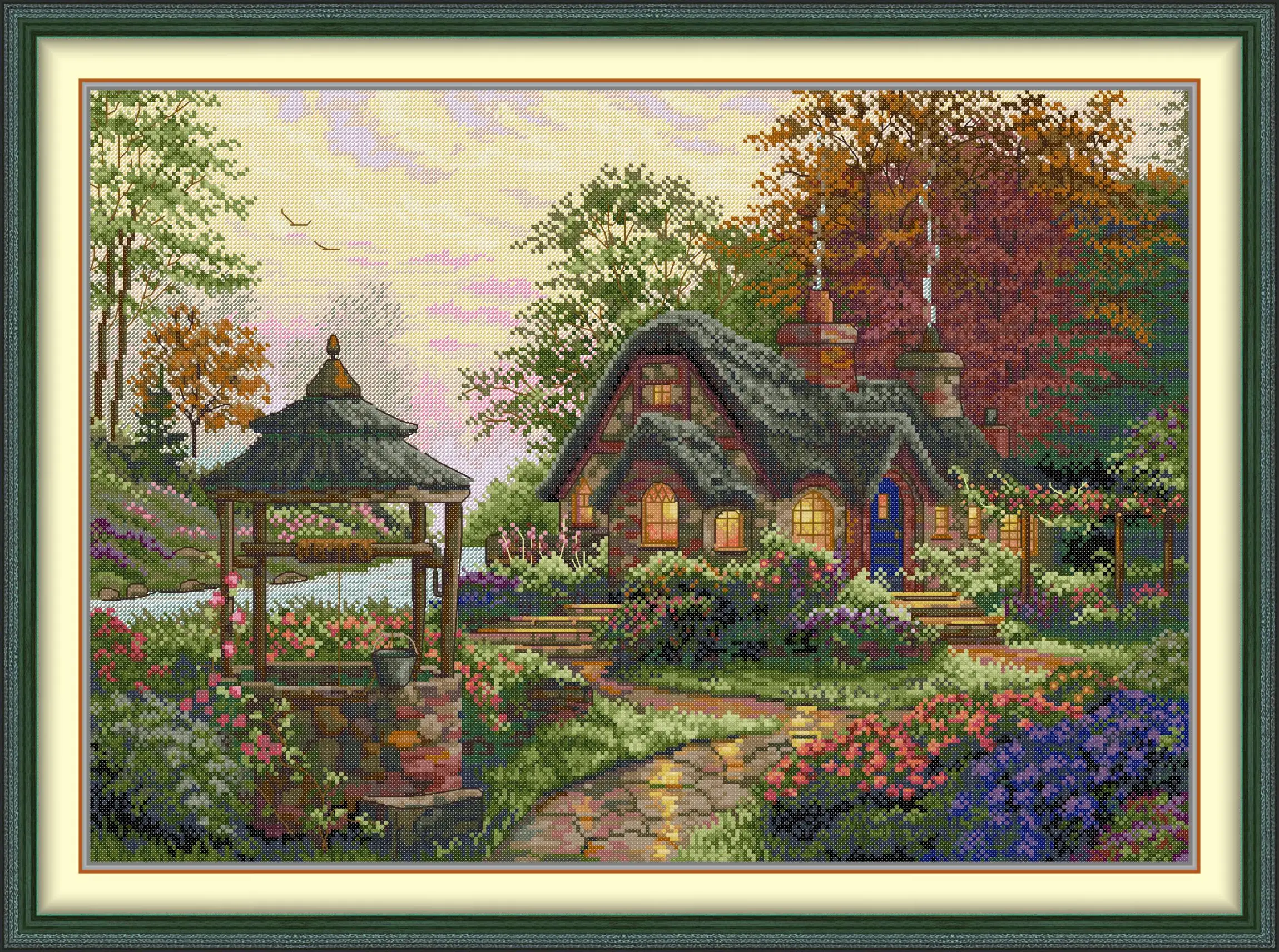 Joy Sunday Pre-printed Cross Stitch Kit  Easy Pattern Aida  Stamped Fabric Embroidery Set-Wishing Lodge