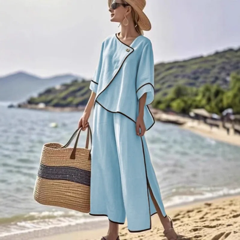 2026 Vacation Loose Two Piece Set Women Casual Side Slit Resort Outfit New