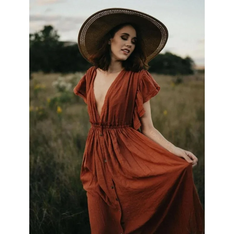 Boho Maternity Photography Props Dresses Button Decoration Pregnancy Photo Shoot Bohemian Baby Shower Long Dress Front Slit