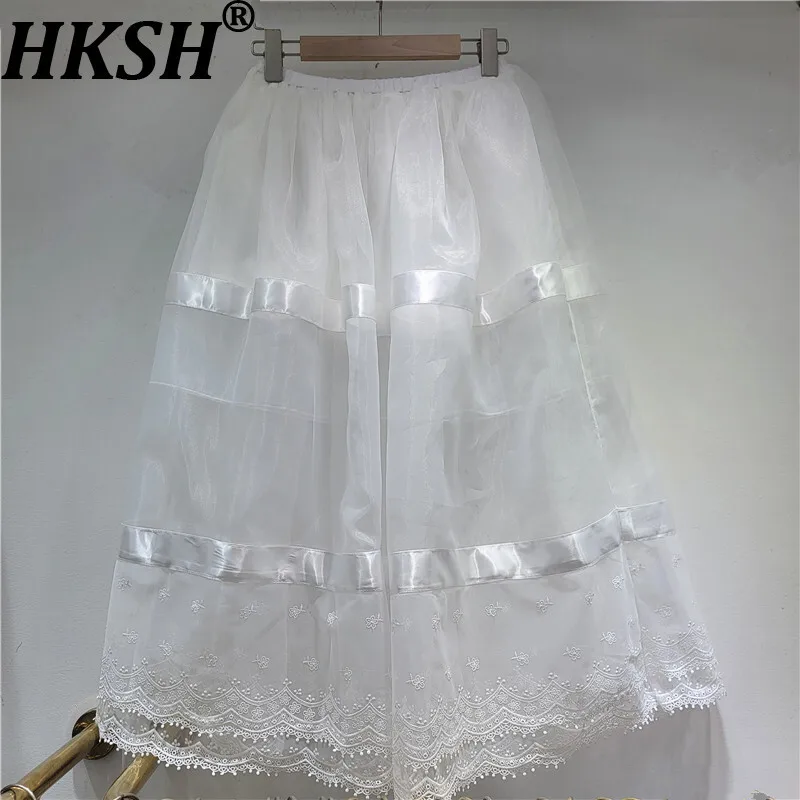 

HKSH весенне-осенняя новая женская юбка, кружевная лоскутная прозрачная драпированная юбка трапециевидной формы с эластичной резинкой на талии, милые элегантные юбки большого размера HK17230