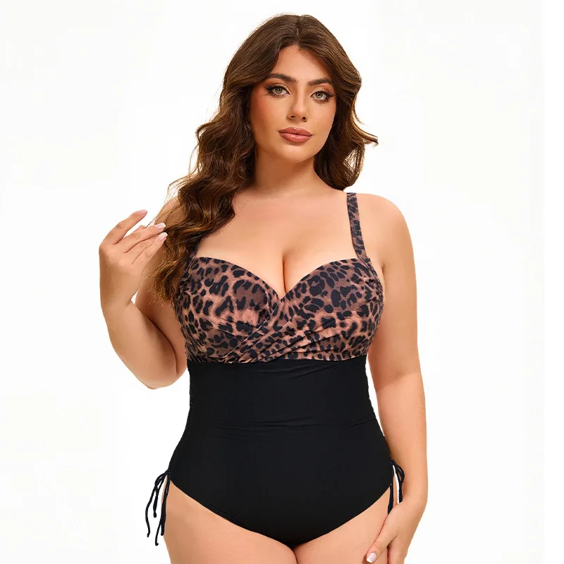 2026 New Large Plus Size Leopard One Piece Swimsuit Women V-neck Swimwear Female Bathers Bathing Swimming Swim Suit Beachwear