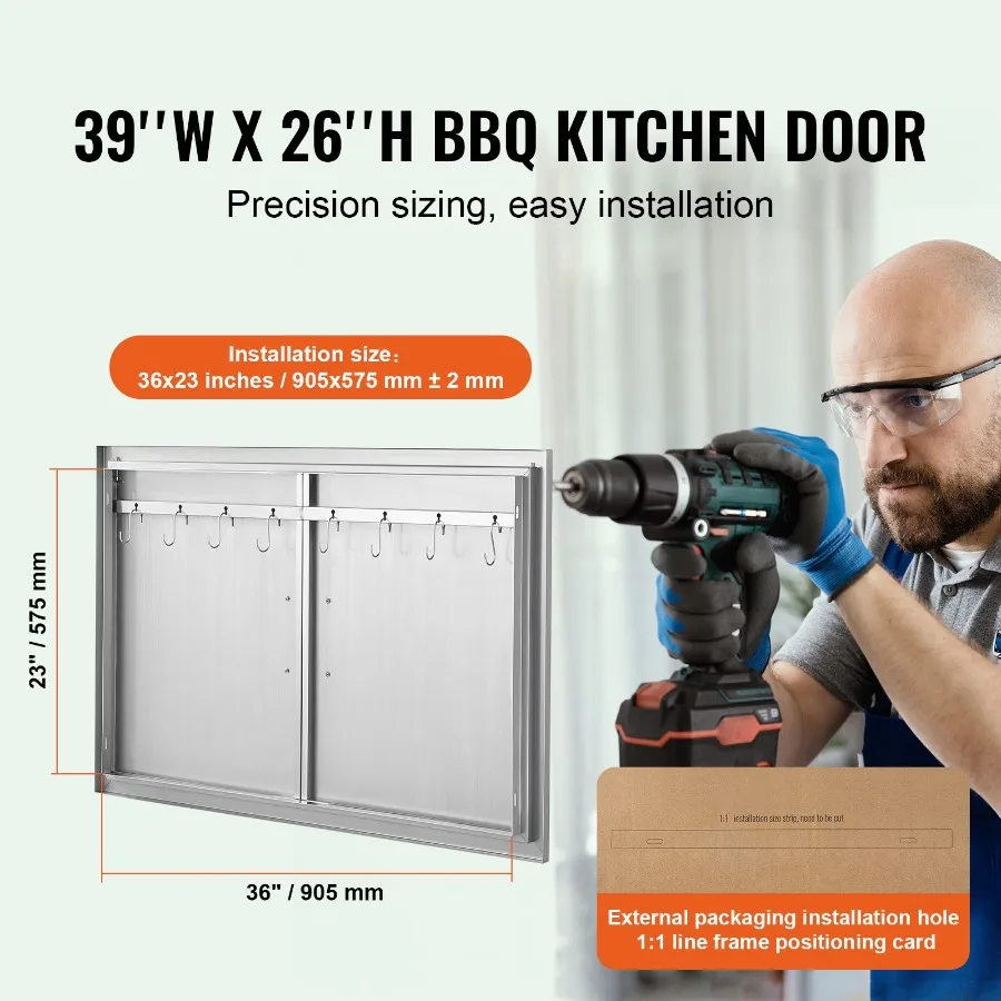 BBQ Access Door, 39W x 26H Inch Double Outdoor Kitchen Door, Stainless Steel Flush Mount Door, Wall Vertical Door with Handles