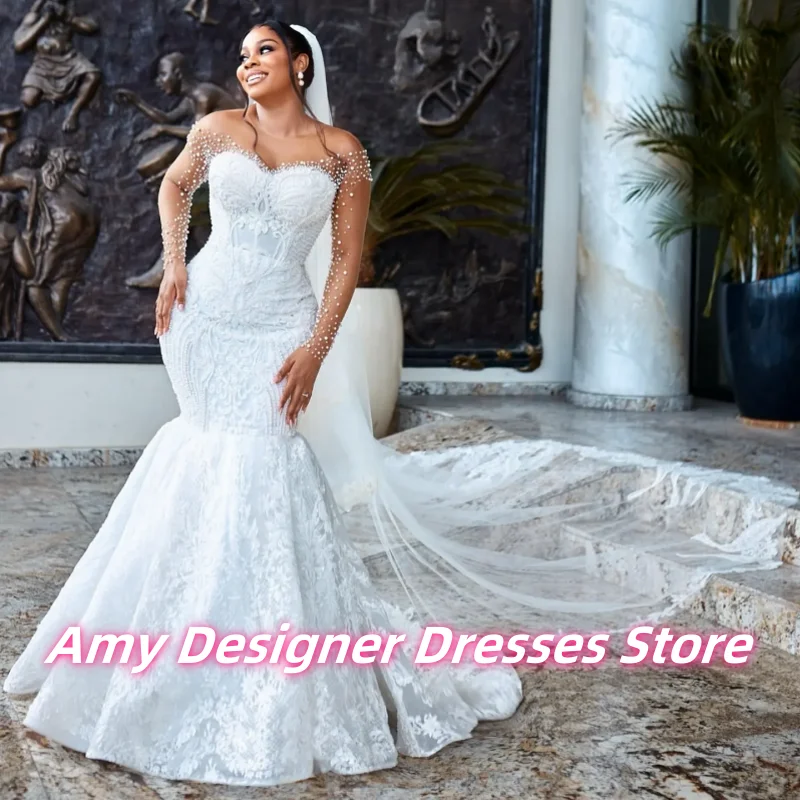 

Vintage Lace Pears Mermaid Wedding Dresses For Women Long Illusion Sleeves Bride Gowns Women Vestidos De Novia Luxury Customized