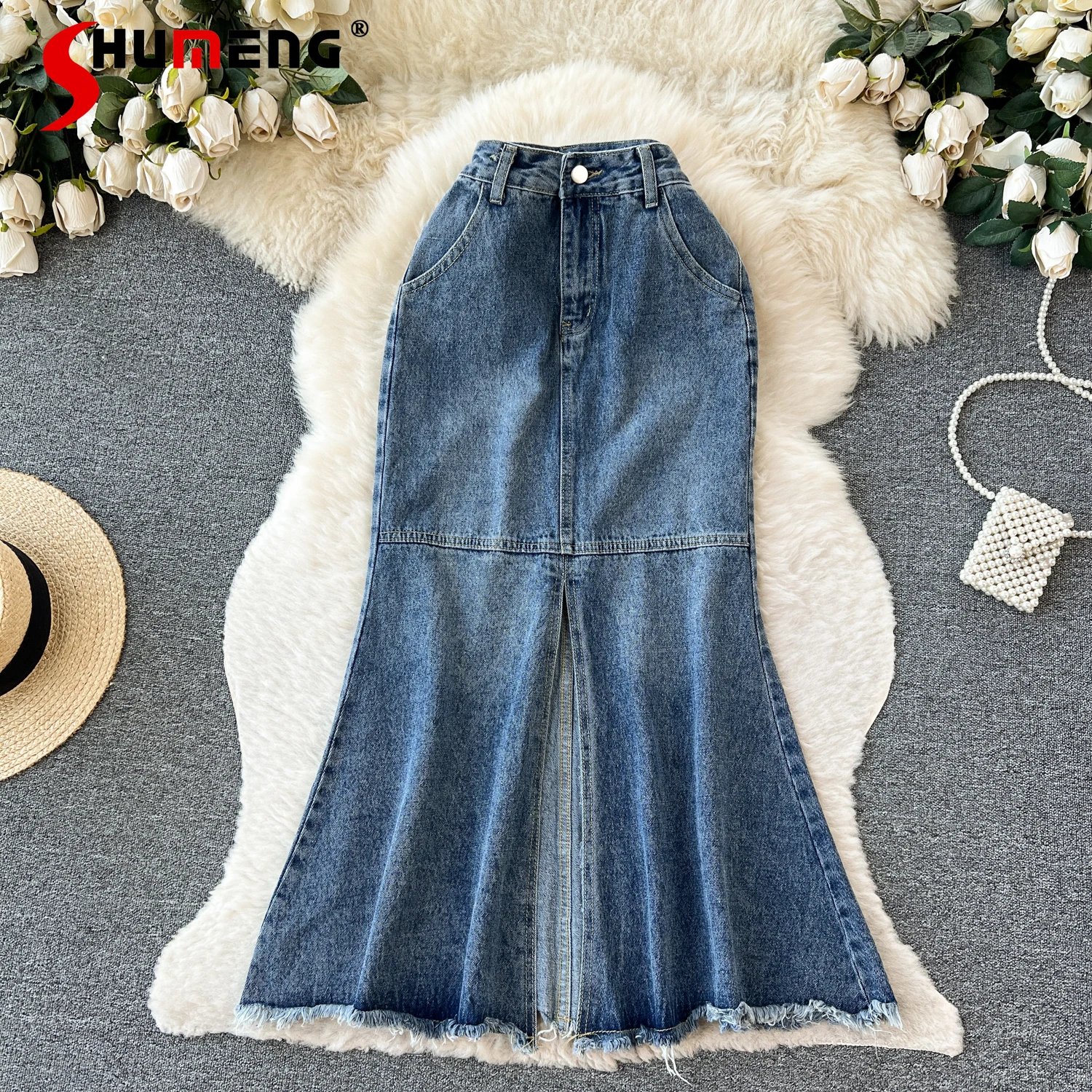 

Hot Girl Style Denim Mid-length Skirt Women's Summer High Waist Frayed Hem Split Design Sense Temperament Pure Desire Skirt