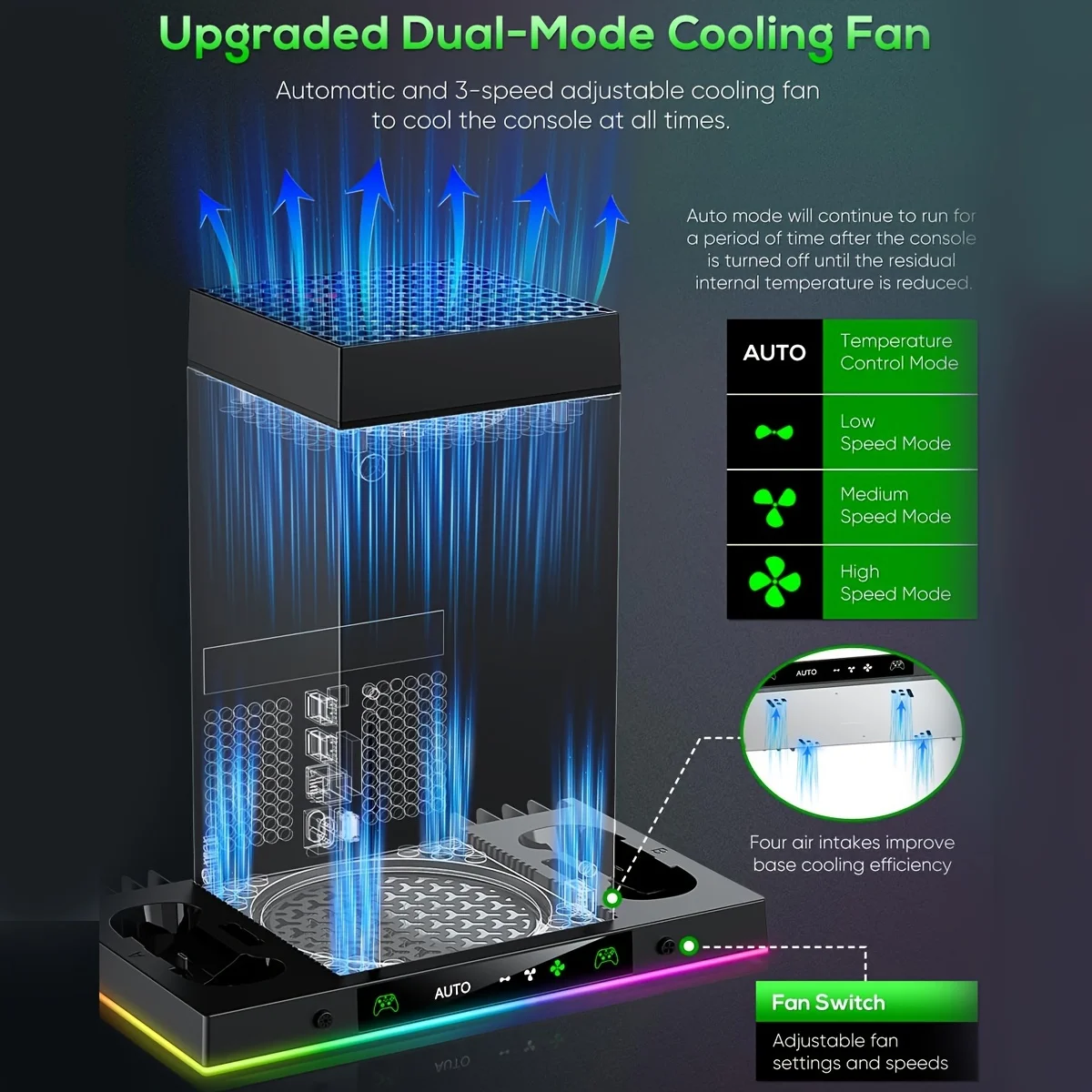 Multifunction Function RGB LED Charging Stand with Automatic Fan Speed  for Xbox Series X Console Dual Controller Station Dock