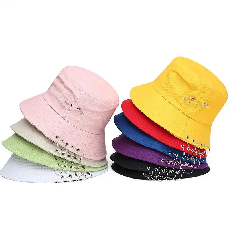 Fashion Brooch Hoop Women Bucket Hat Punk Hip Hop Black White Men Fisherman Cap Summer Casual Streetwear Panama Caps For Girls