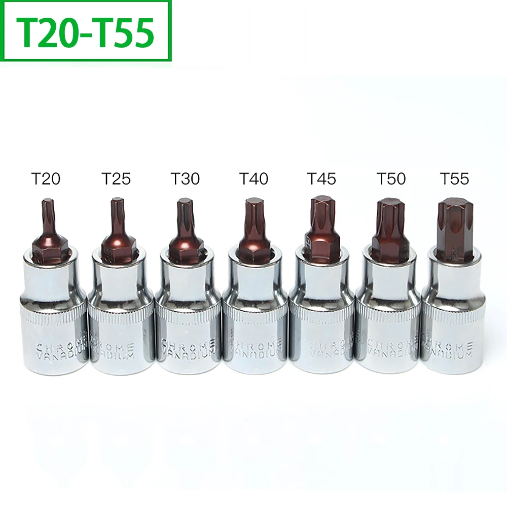 1 conjunto/7 pcs s2 chave de fenda bits 1/2 polegadas estrela de 6 pontos torx t20-t55 quadrado drive chave de soquete crv 55mm ferramenta de adaptador de mão automática longa