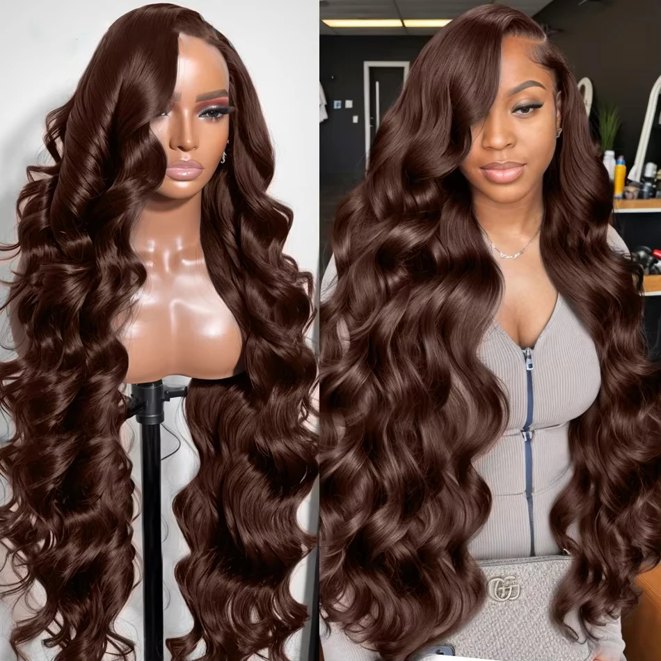 30 36 Inch 220 Density Chocolate Brown Body Wave 13x4 Lace Front Human Hair Wigs Brazilian Colored 13x6 Frontal Wigs For Women