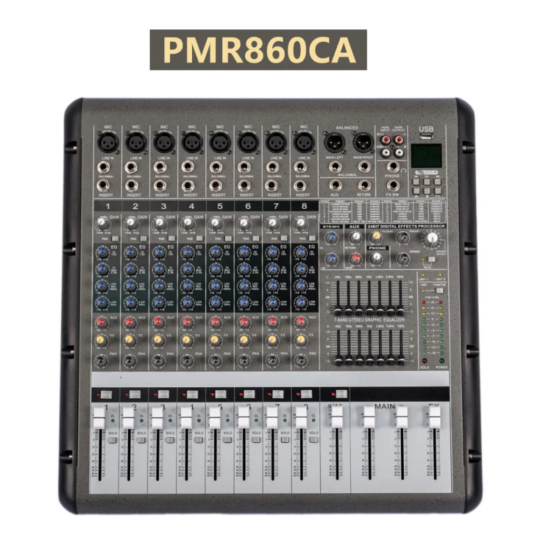 

Профессиональный аудиомикшер-усилитель High Power 8/12/16/24-канальный, универсальное устройство для свадеб и сценических выступлений, с синей подсветкой.