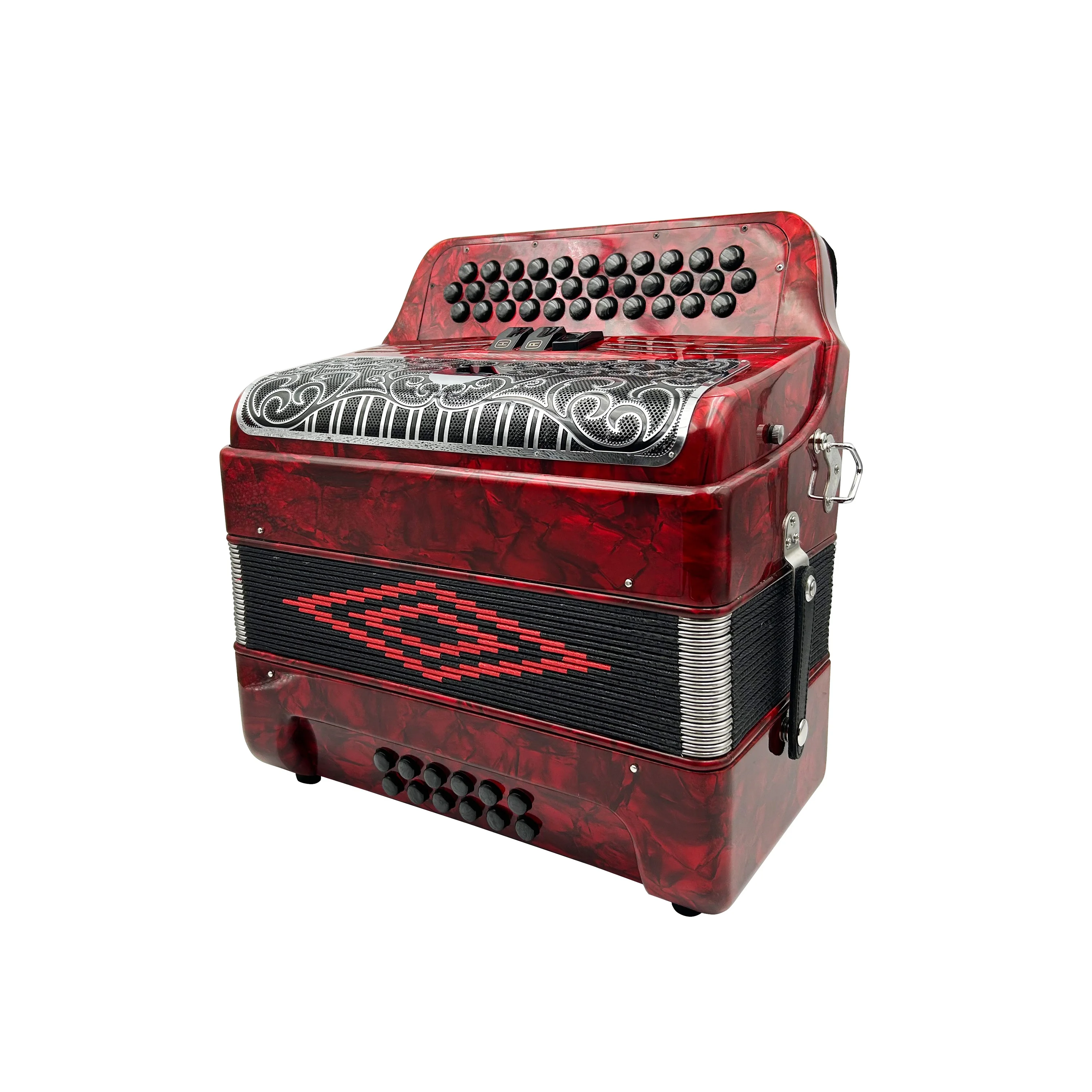 Professional 34-Button 12-Bass 3-Register Accordion JB3412C Wood Red Black/Silver Grill Buttons Red Black Silver