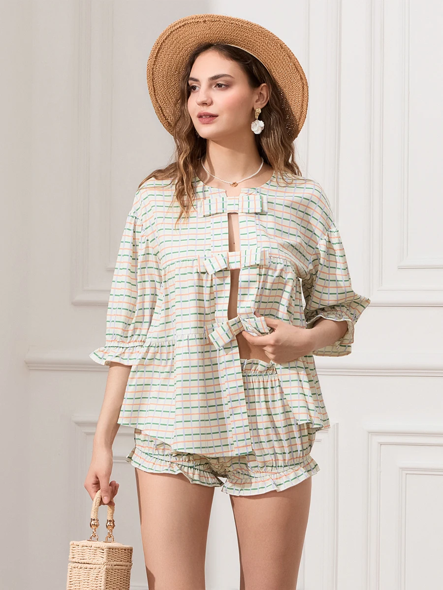 wsevypo Women's Summer Two-Piece Shorts Suits Striped Half Puff Sleeve Bows Open Front Shirts Tops with Bloomers Shorts Outfits