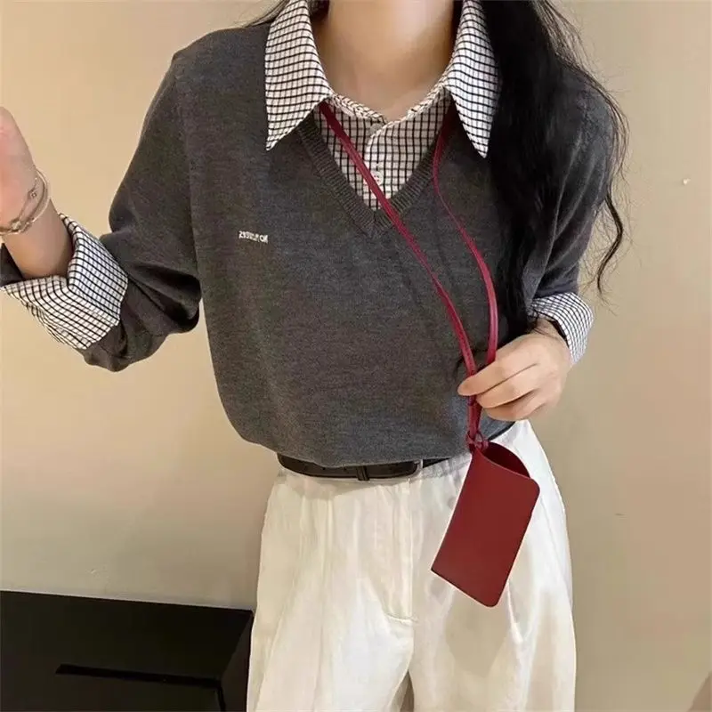 Suéter de malha com gola alta, duas peças falsas, europeu, longo, comprimento regular, cardigã de inverno