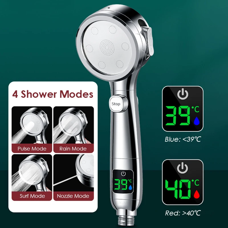 Intelligent Temperature Display LED Shower Head High Pressure 4 Modes Adjustable Rainfall Shower Water Saving Bathroom Acessory