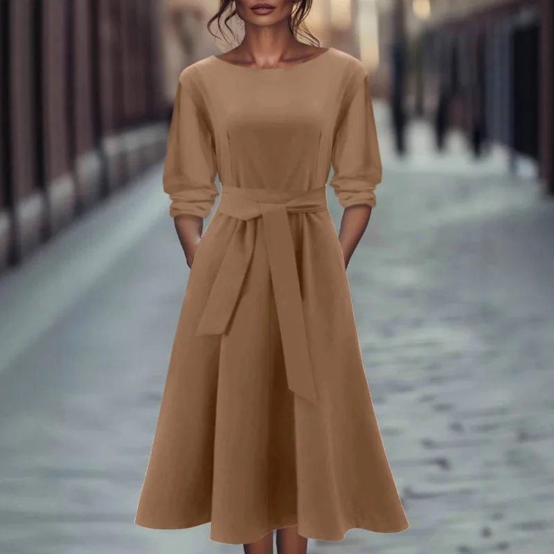 Abiti da festa con lacci a vita alta solidi alla moda semplice Donna Elegante abito a trapezio con tasca o collo Abito lungo Boho con maniche a 3/4 autunnali