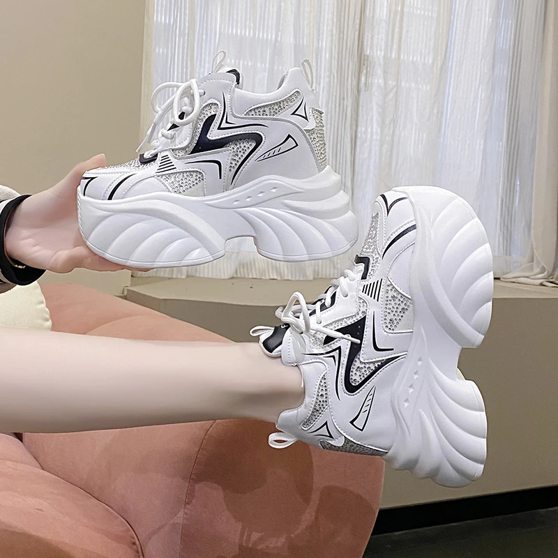 جديد إمرأة منصة أحذية رياضية غير رسمية 10 سنتيمتر عالية الكعب الربيع الرياضة أحذية من الجلد تنفس المدربين أحذية رياضية مكتنزة Zapatos Mujer #4