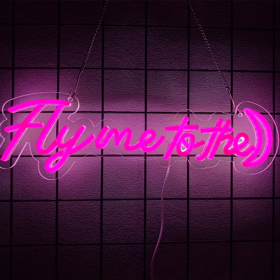 Fly Me To The Neon Wall Decor, Pink Led Letter Icon Usb Powered, Bedroom Living Room Proposal Party Bar Wedding Background Sign.