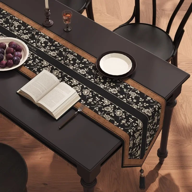 Vintage Floral Linen Table Runner Black Tassels Waterproof Cloth Tea Sideboard Coffee Cabinet Multi Size Home Table Decor Accent
