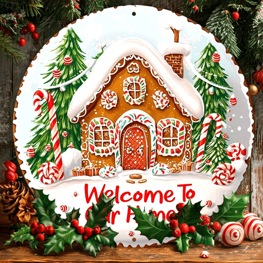 2D Flat, 1pc, 2D Flat-printed Round Wooden Sign Wall Decor, Gingerbread House Themed Wooden Decoration, Suitable for Home, Bar,