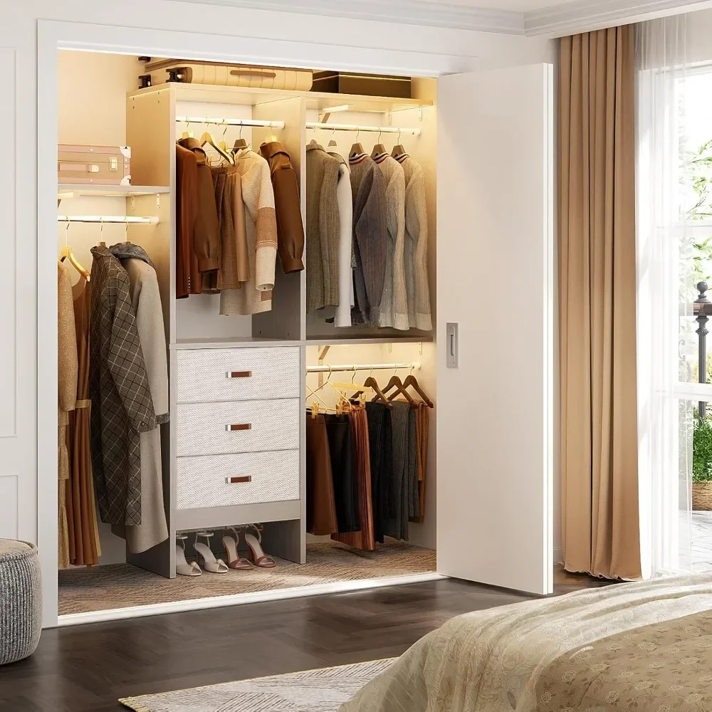 5FT Small Closet System with 3 Fabric Drawers, 60 Inches Walk In Closet Organizer System With 3 Adjustable Shelves