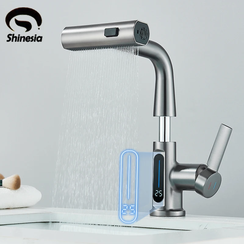 Temperature Digital Display Basin Faucet For Bathroom Pull Out Waterfall Stream 3 Way Sprayer Hot Cold Water Sink Mixer Wash Tap