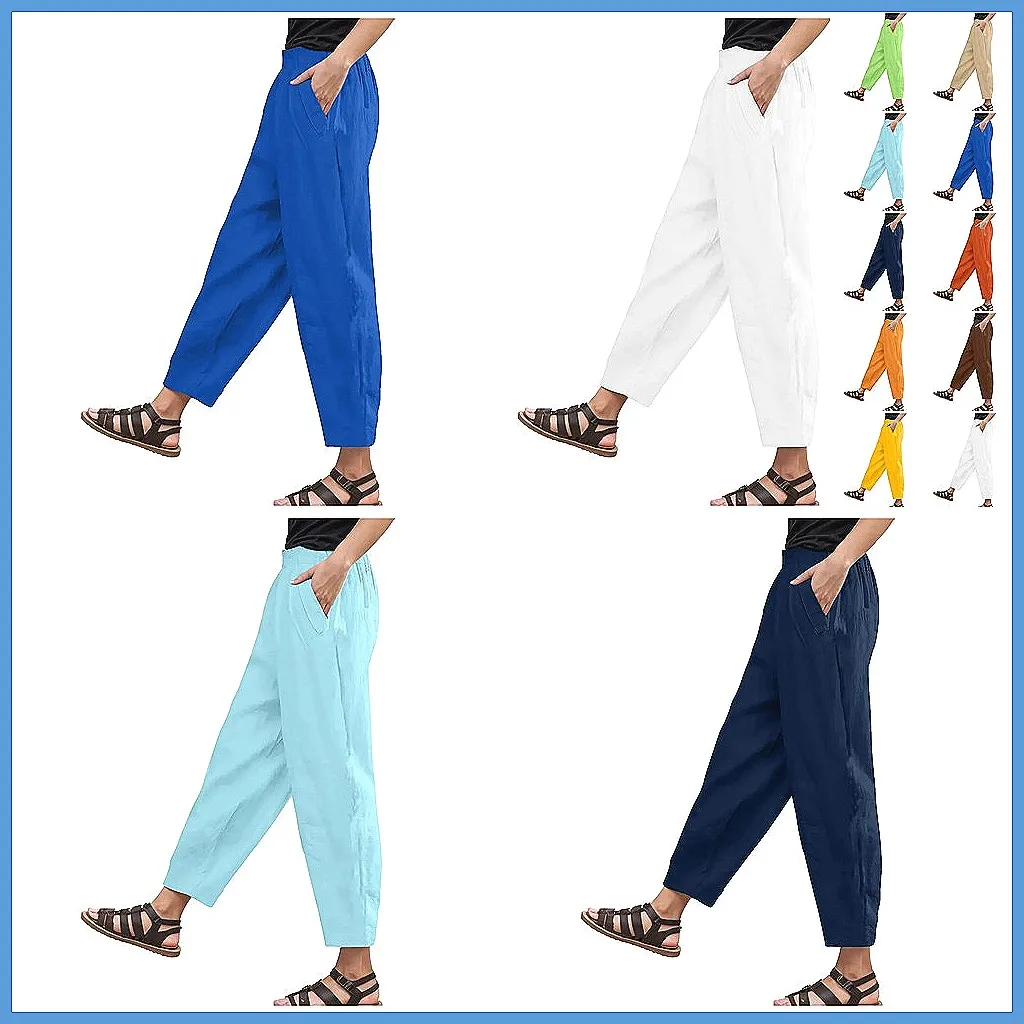 

Women's High Waisted Wide Leg Pants - Elastic Drawstring Comfy Straight Long Trousers