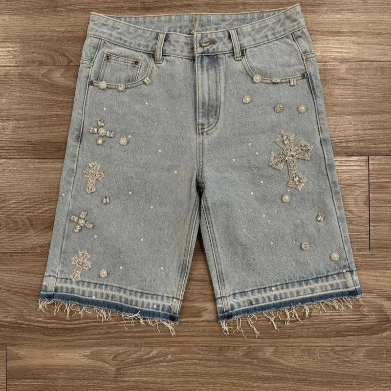 Deeptown Y2k Gothic Cross Diamond Embroidery Women Man Short Jeans Letter Print American Retro Rhinestone Jorts Harajuku Hip Hop