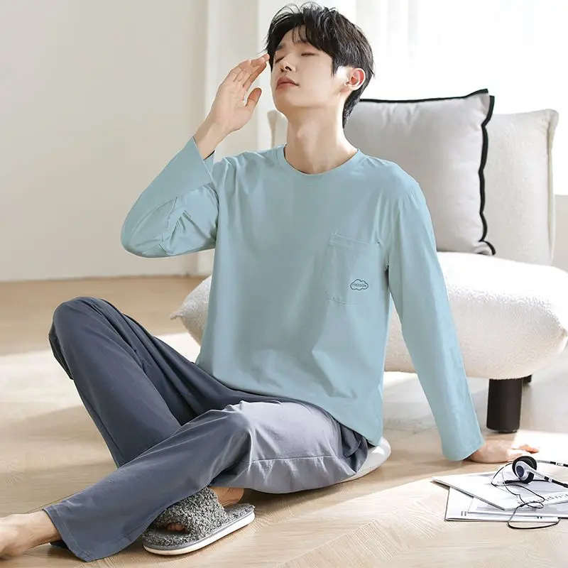 أطقم بيجامات قطنية 100% بأكمام طويلة لخريف 2025 للرجال ملابس نوم كورية فضفاضة عالية الجودة ملابس منزلية للرجال ملابس منزلية #1