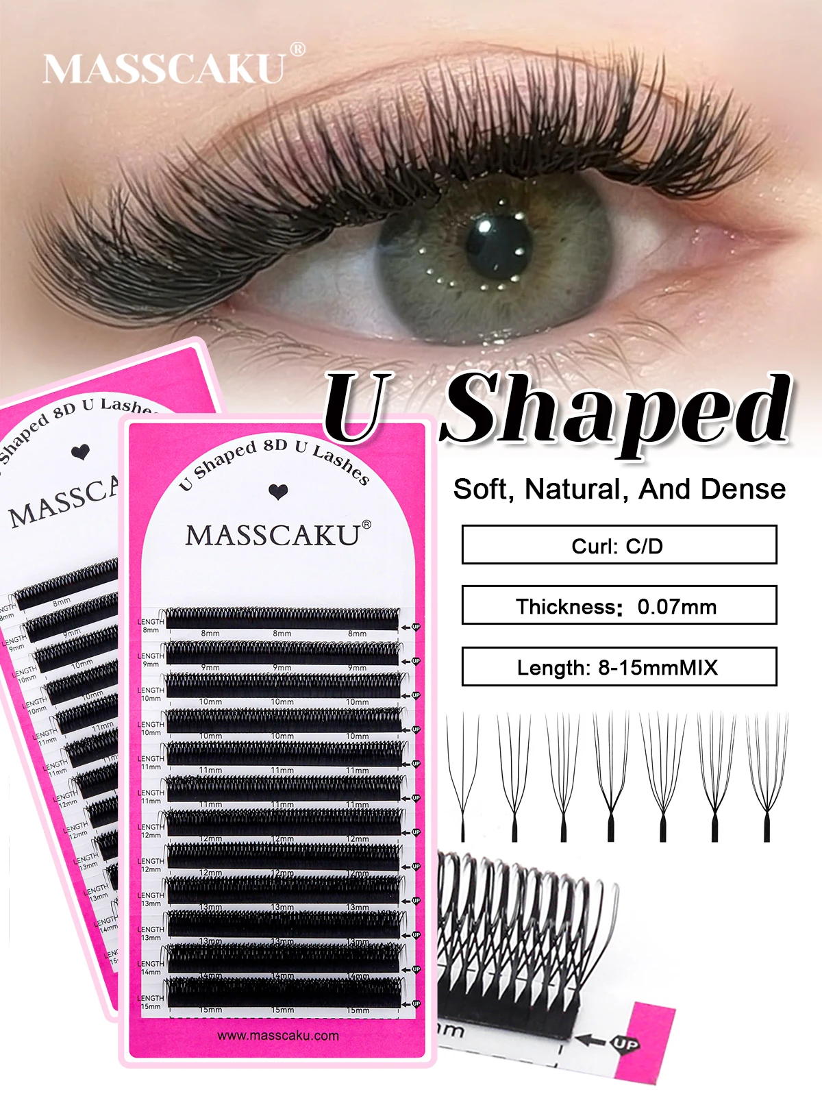 MASSCAKU Extensions de cils 4D 5D W en forme de U 8-15mm longueur mixte facile à floraison effet de cils préfabriqués Volume ventilateurs cils