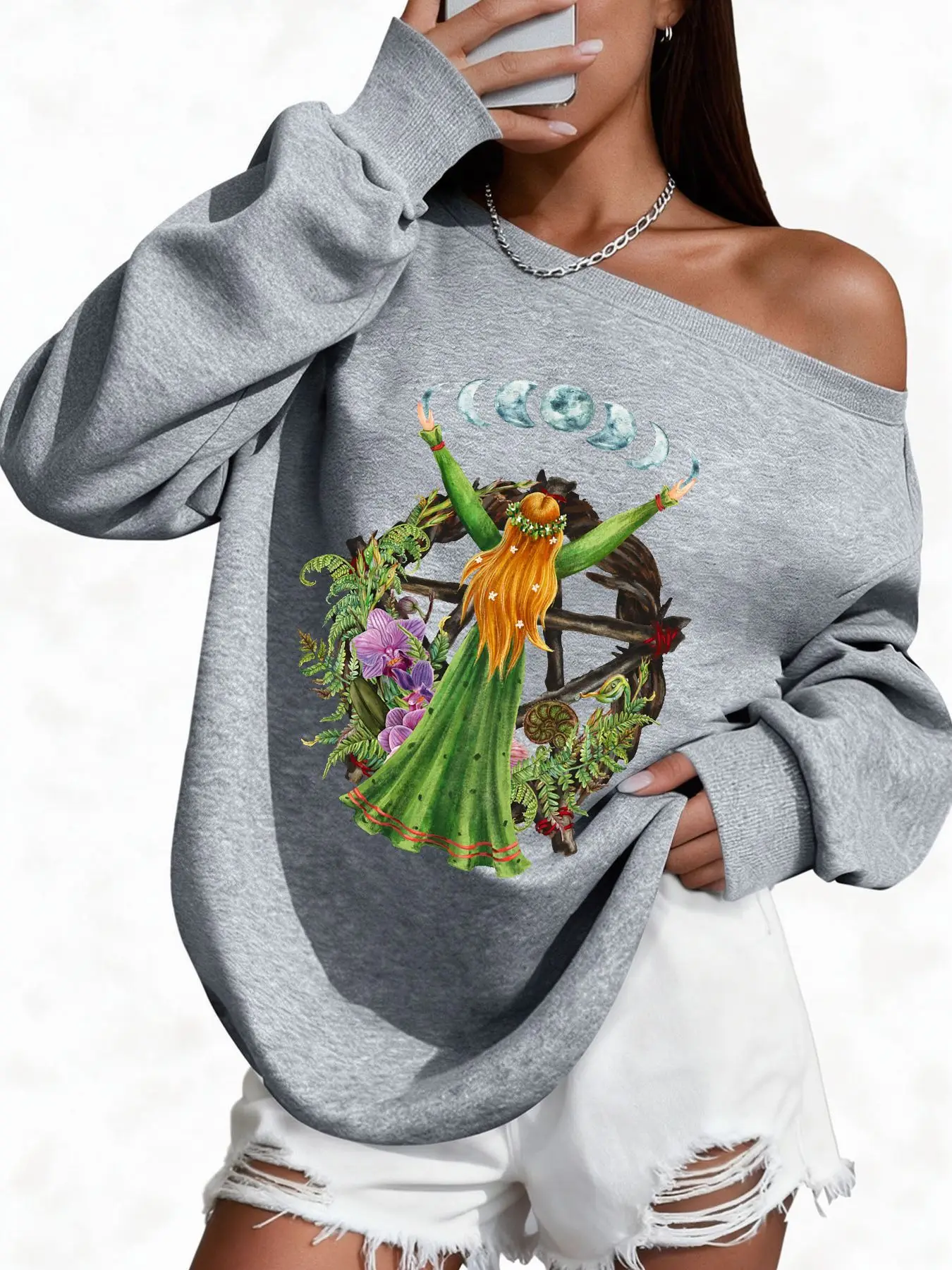 Plus Size 50% Cotton Floral Moon Phase Graphic Print Sweatshirt High Quality Women'S Off-Shoulder Wide Neck Sweatshirt Warm C