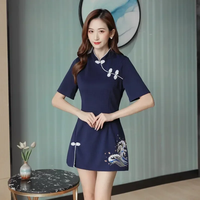 

Women Style Clothes Sets Summer Cheongsam Outfits Matching for Women Hotel Foot Bath Workwear Embroidered Cheongsam Short Skirt