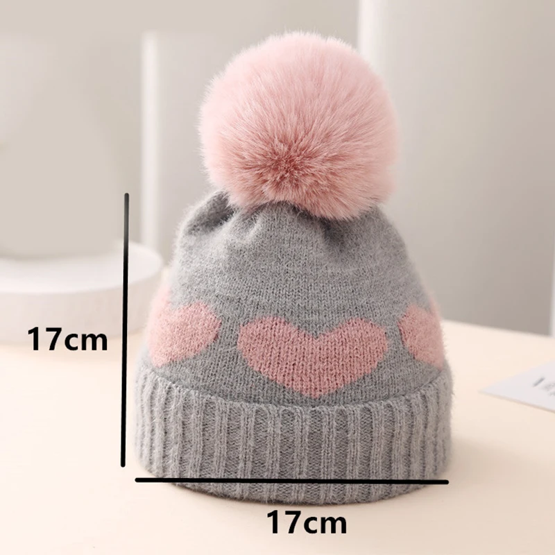 Fuax Fur Pompom Baby Hat Heart Printed Knitting Autumn Winter Newborn Infant Beanie Cap Toddler Warm Crochet Girls Boys Hats